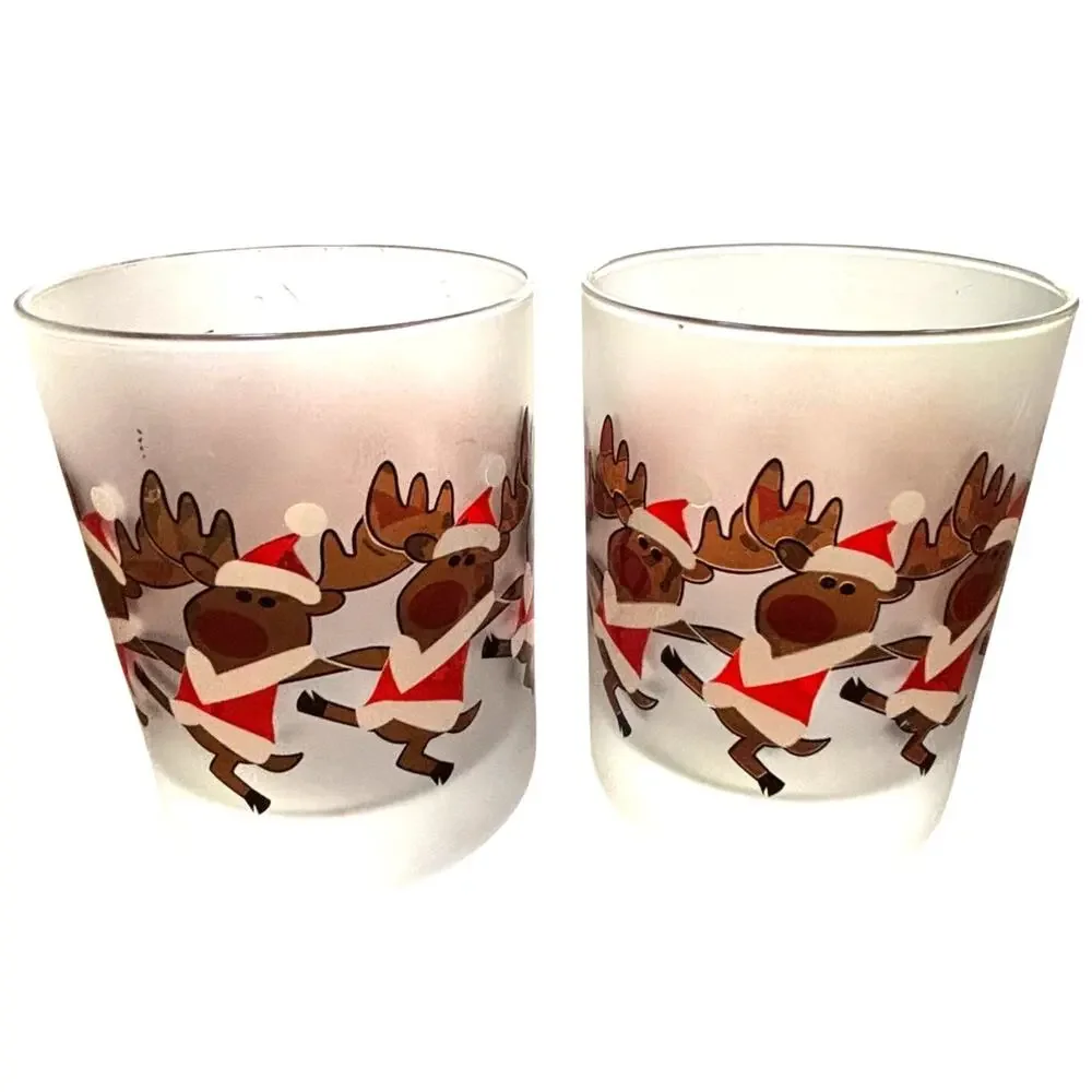 Vintage Culver Glass frosted Christmas Cocktail Glasses PAIR Dancing Santa Moose
